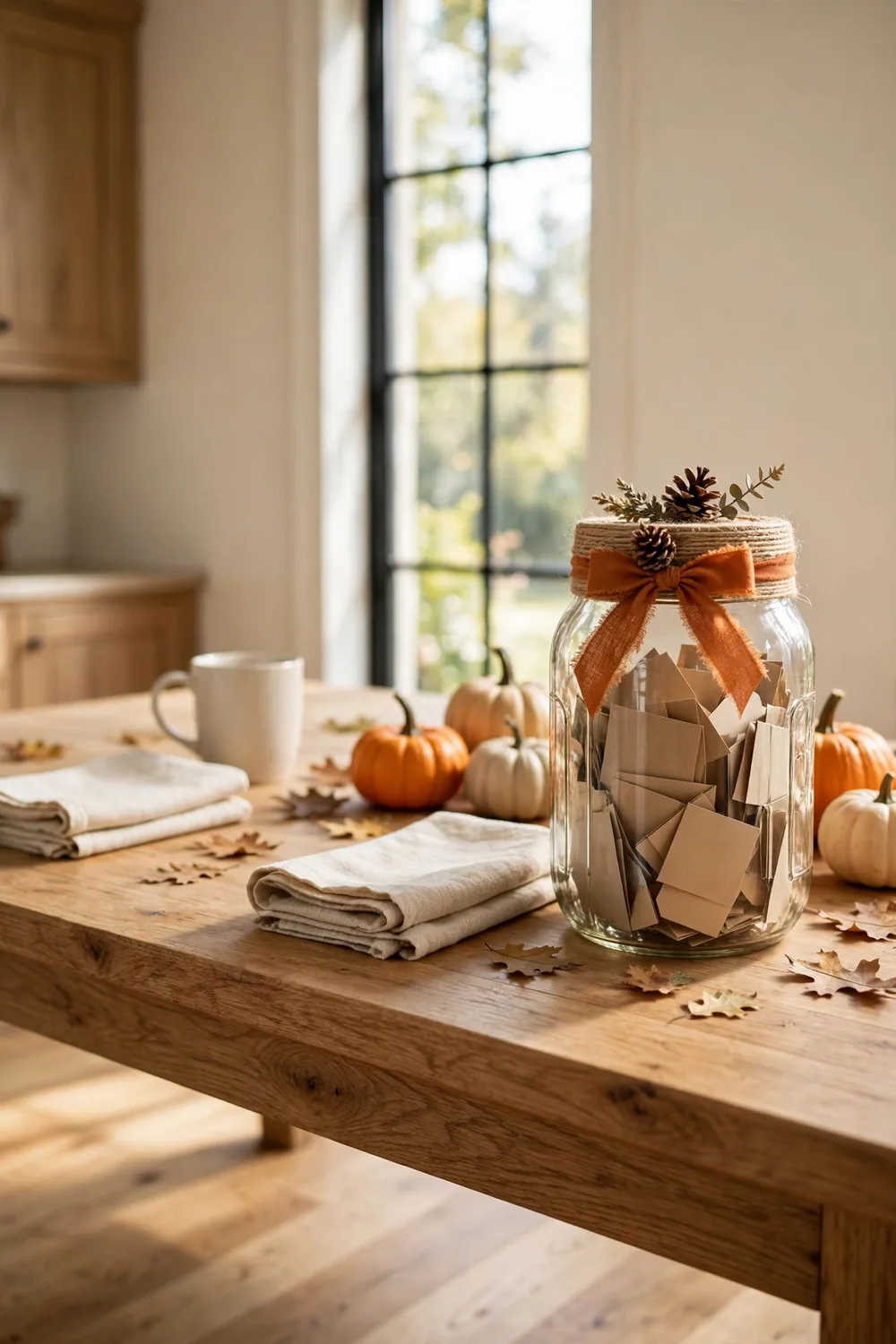 Finished gratitude jar with twine, ribbon bow, and pinecone styled on a farmhouse craft table with small pumpkins and fall leaves