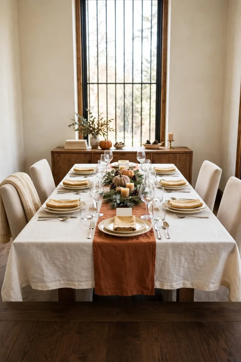 A fully set Thanksgiving dining table with an ivory cloth, rust runner, stacked cream plates, silver flatware, clear glasses, and a low pumpkin and eucalyptus centerpiece in a bright dining room.