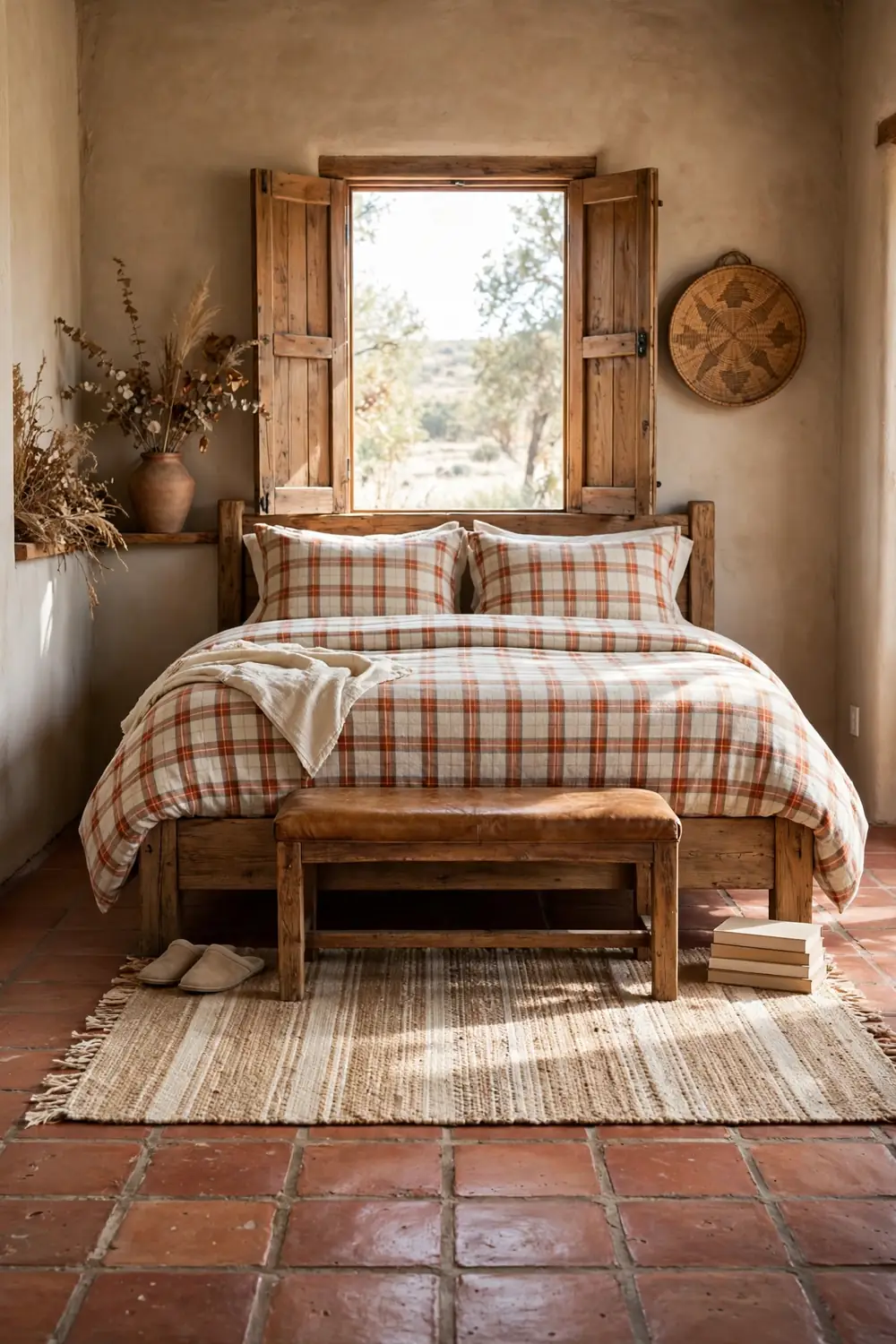 Plaid flannel duvet cover on a rustic bed with adobe walls and tile floor