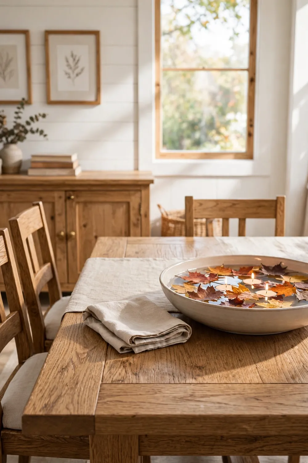 Shallow bowl of water with colorful fall leaves and three floating candles on a farmhouse dining table