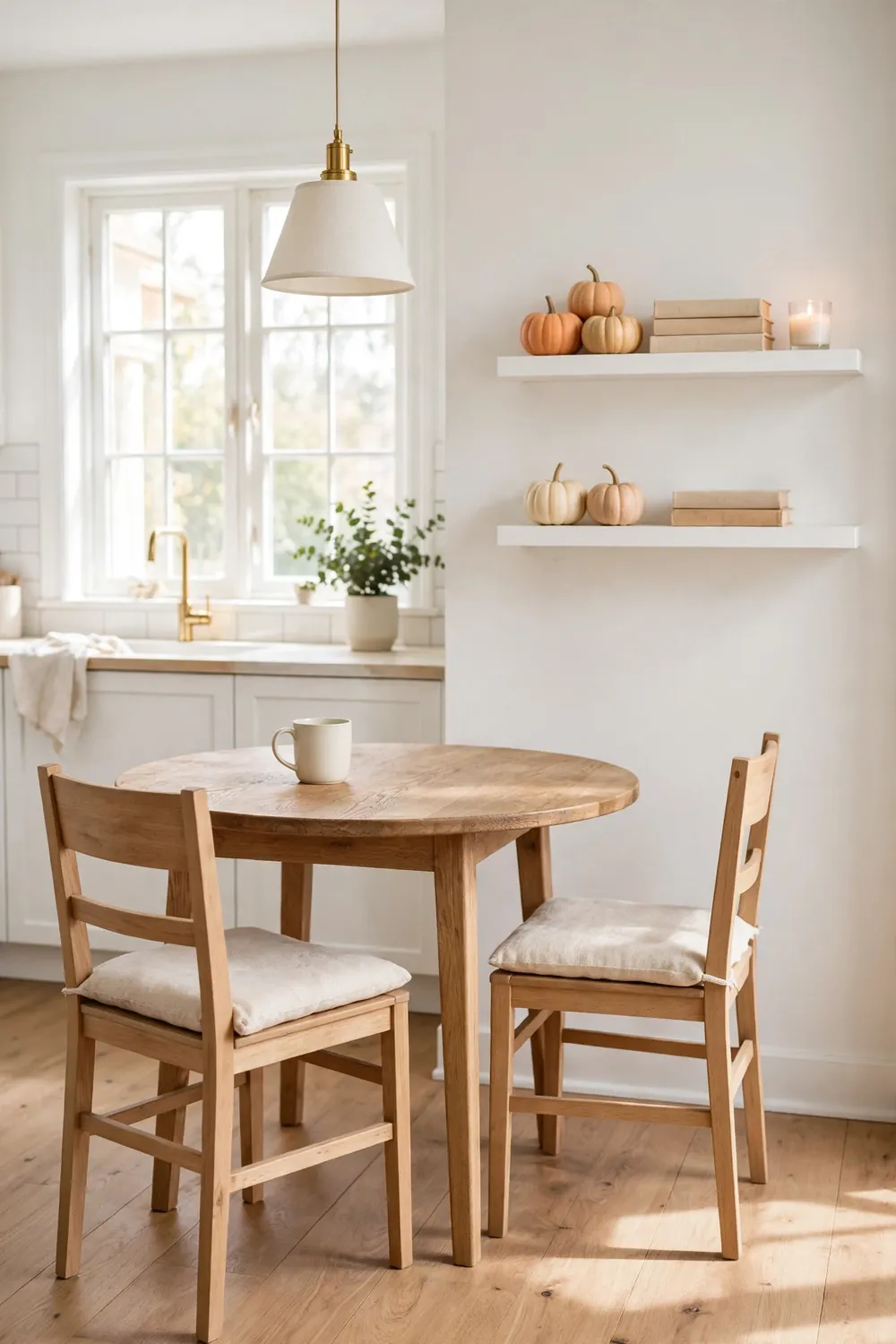 Two white floating shelves styled with mini pumpkins and a candle in a kitchen nook