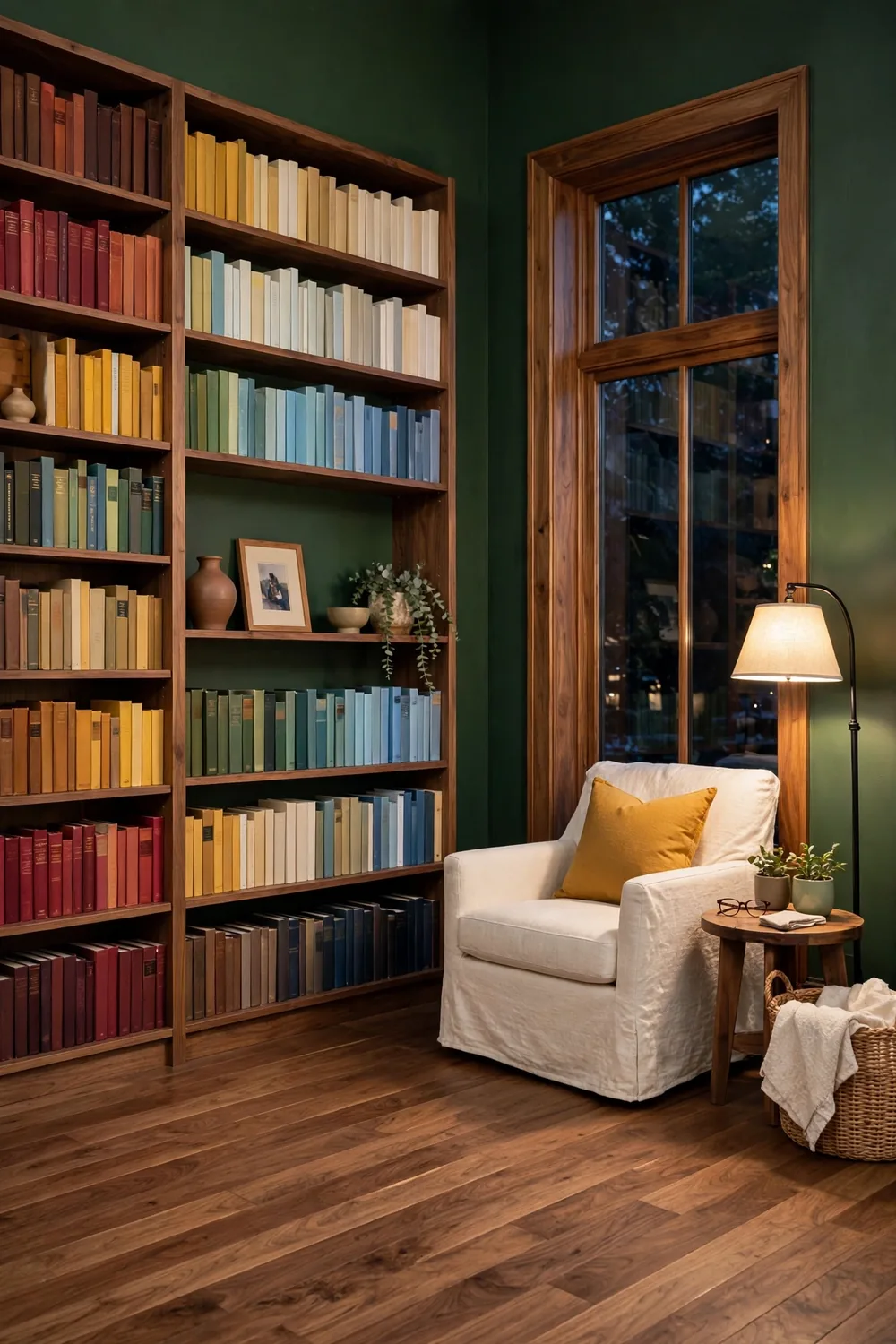 Cozy library wall of floor-to-ceiling bookshelves filled with colorful books, framed photos, and small plants in warm evening light