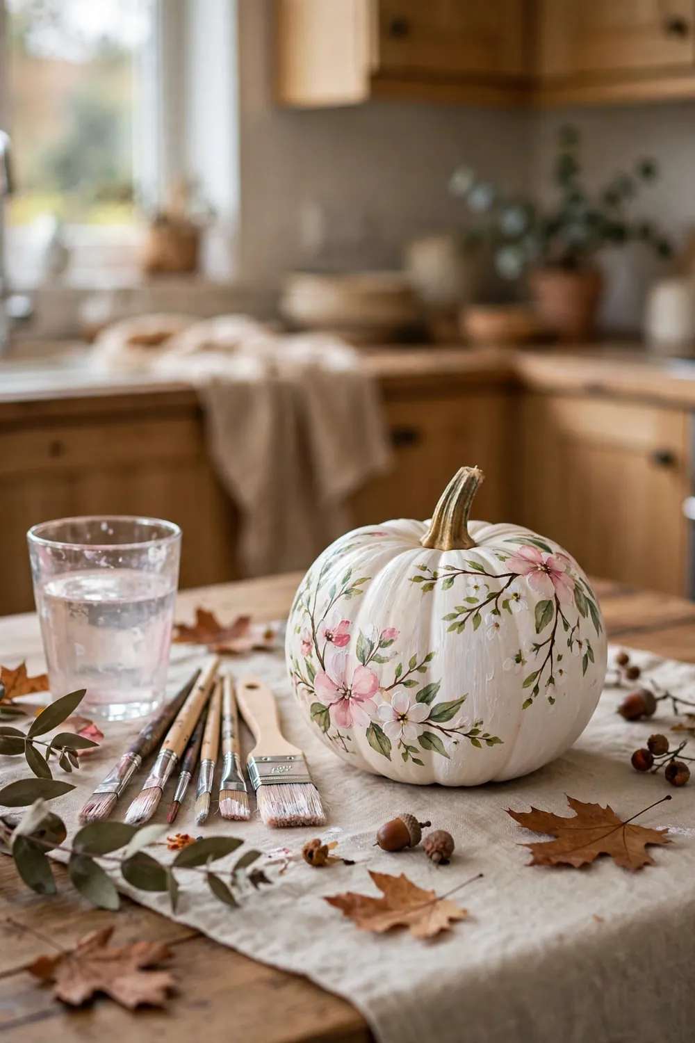 Hand-painted pink and white flowers on a white pumpkin on a kitchen table