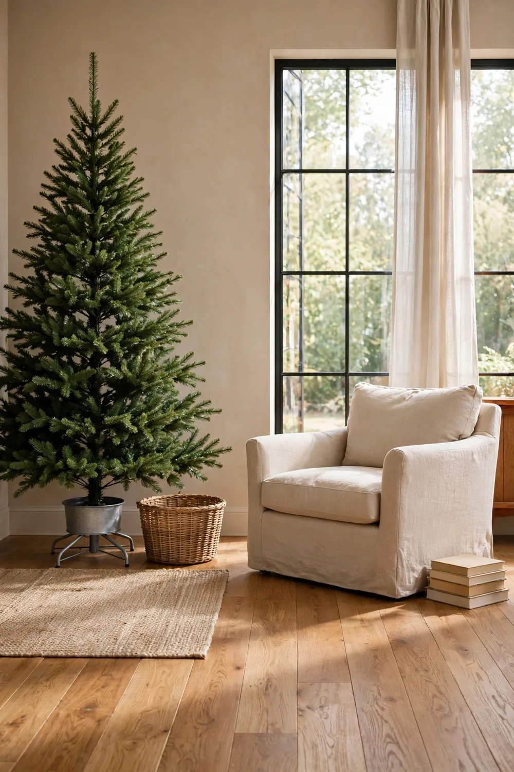 Bare artificial Christmas tree with fluffed branches standing in a metal tree stand in a bright living room