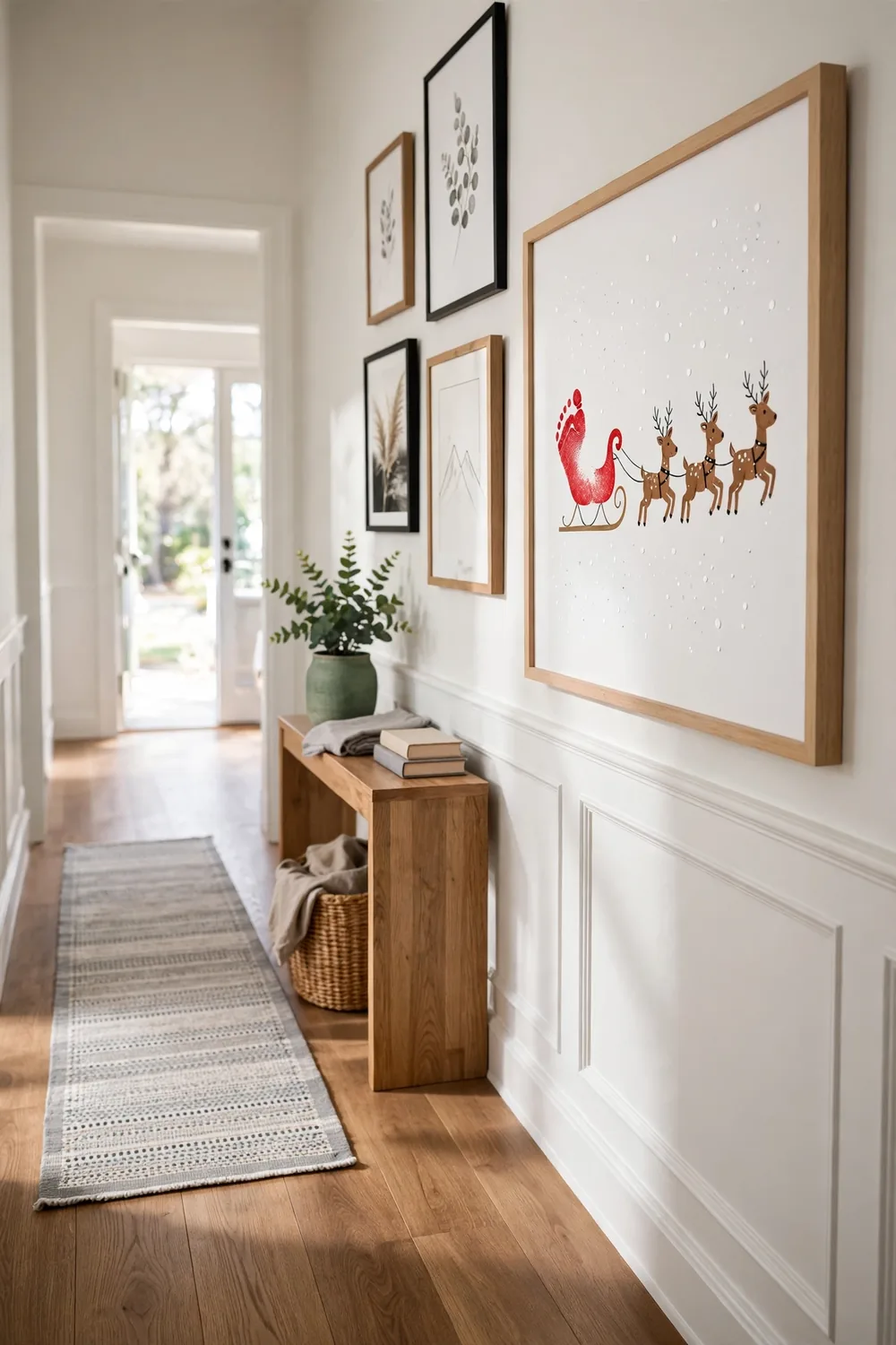 Framed footprint Santa sleigh art print hanging in a bright white hallway
