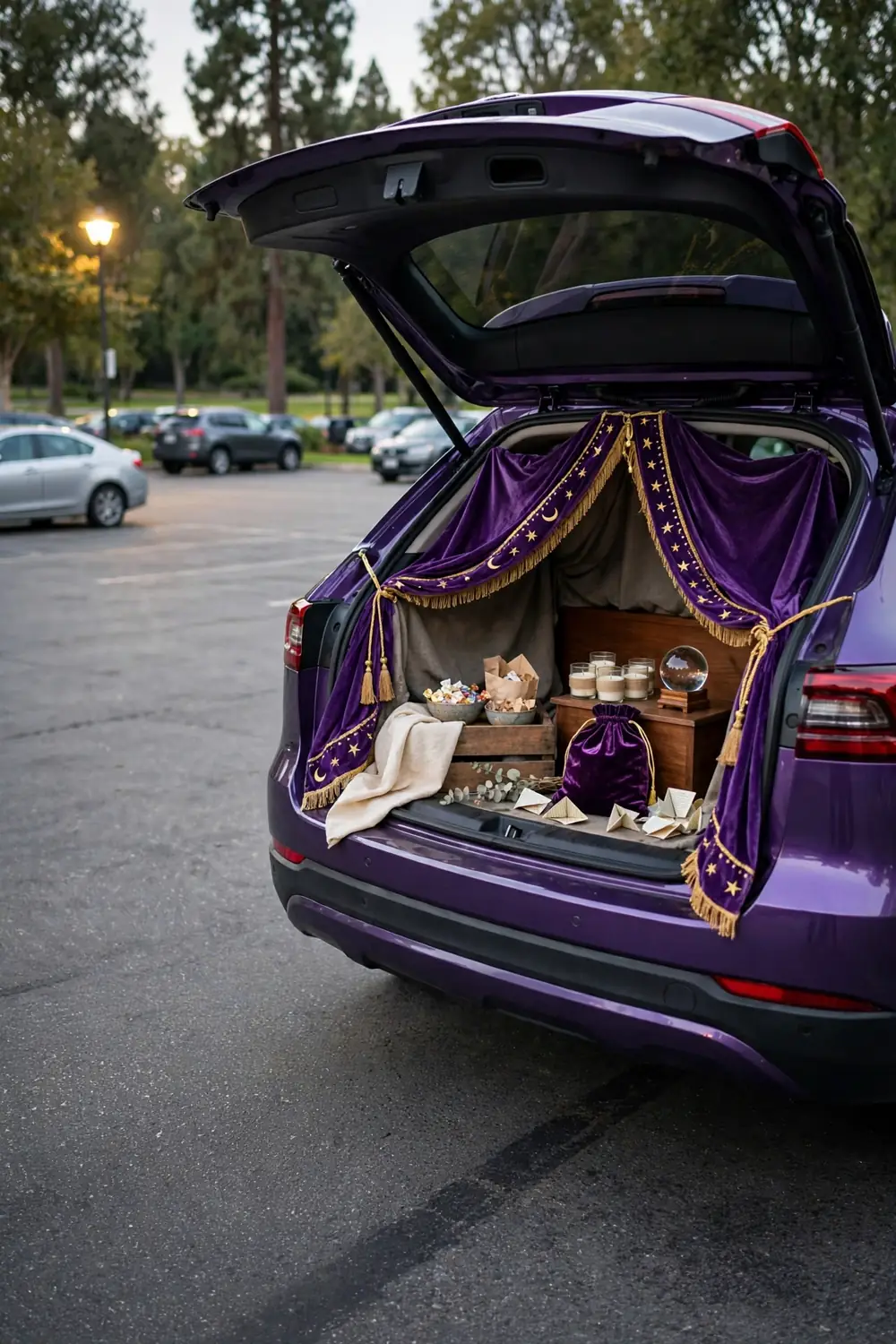 A purple SUV trunk draped in fortune teller fabric with a velvet bag of folded paper fortunes