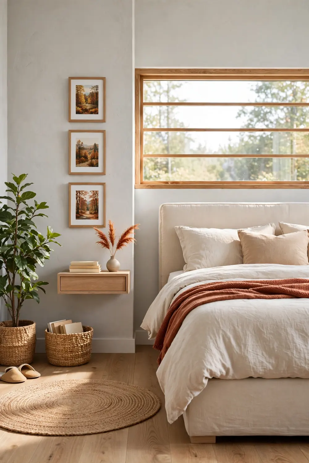 Three small framed autumn landscape prints hung in a row beside a bed