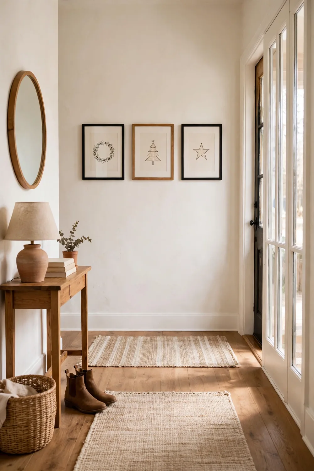 Thrifted frames with free Christmas printable art hung as a gallery wall in a bright entryway hallway