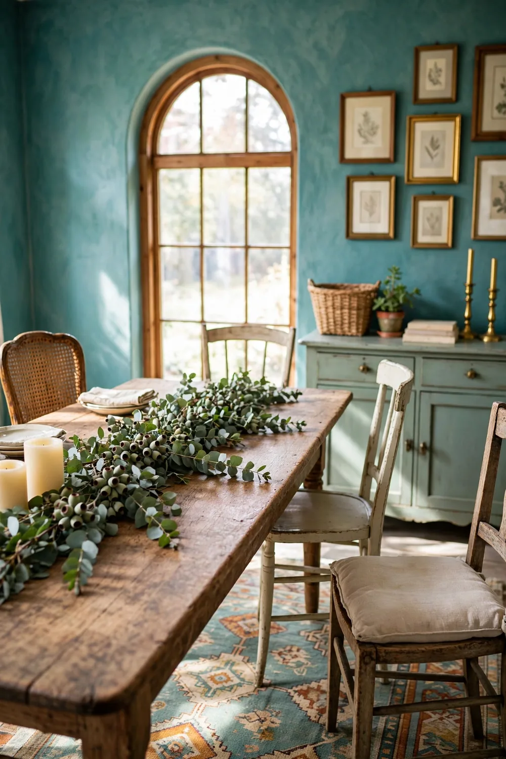 Long flowing runner of seeded eucalyptus stems with seed pods facing up laid down the middle of a vintage dining table