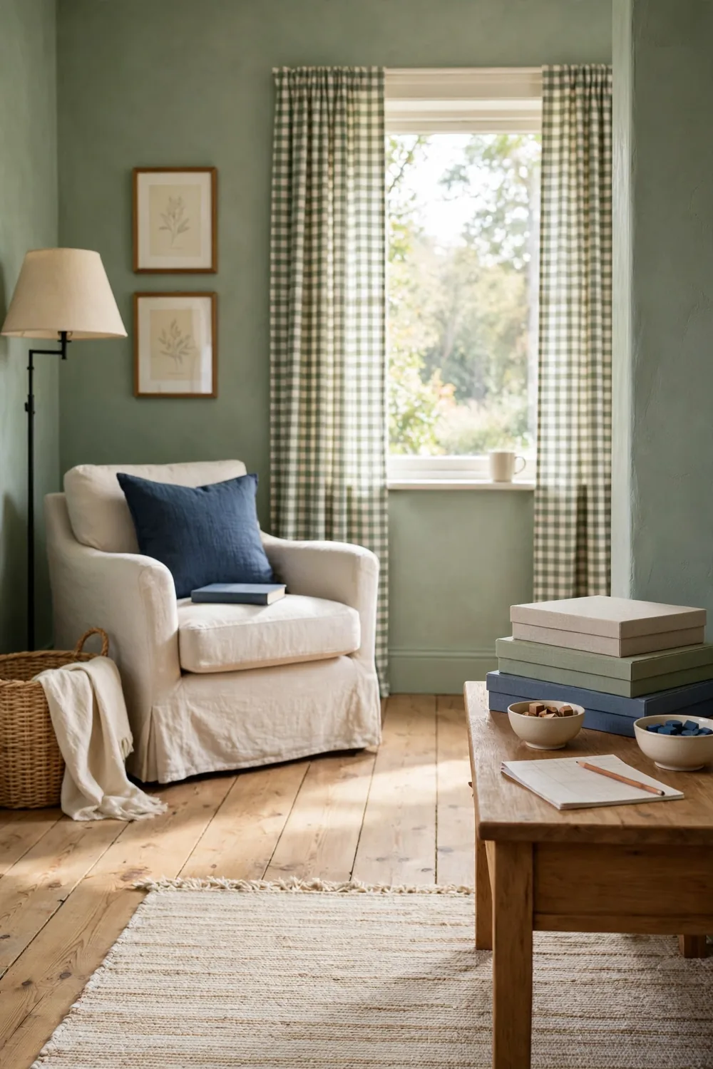 A sage green cottage living room side table stacked with board games, small bowls for pieces, and a score notepad