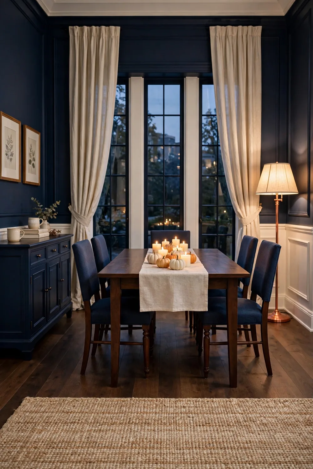 A navy traditional dining room table with a linen runner, mini pumpkins in white and orange, and glowing pillar candles