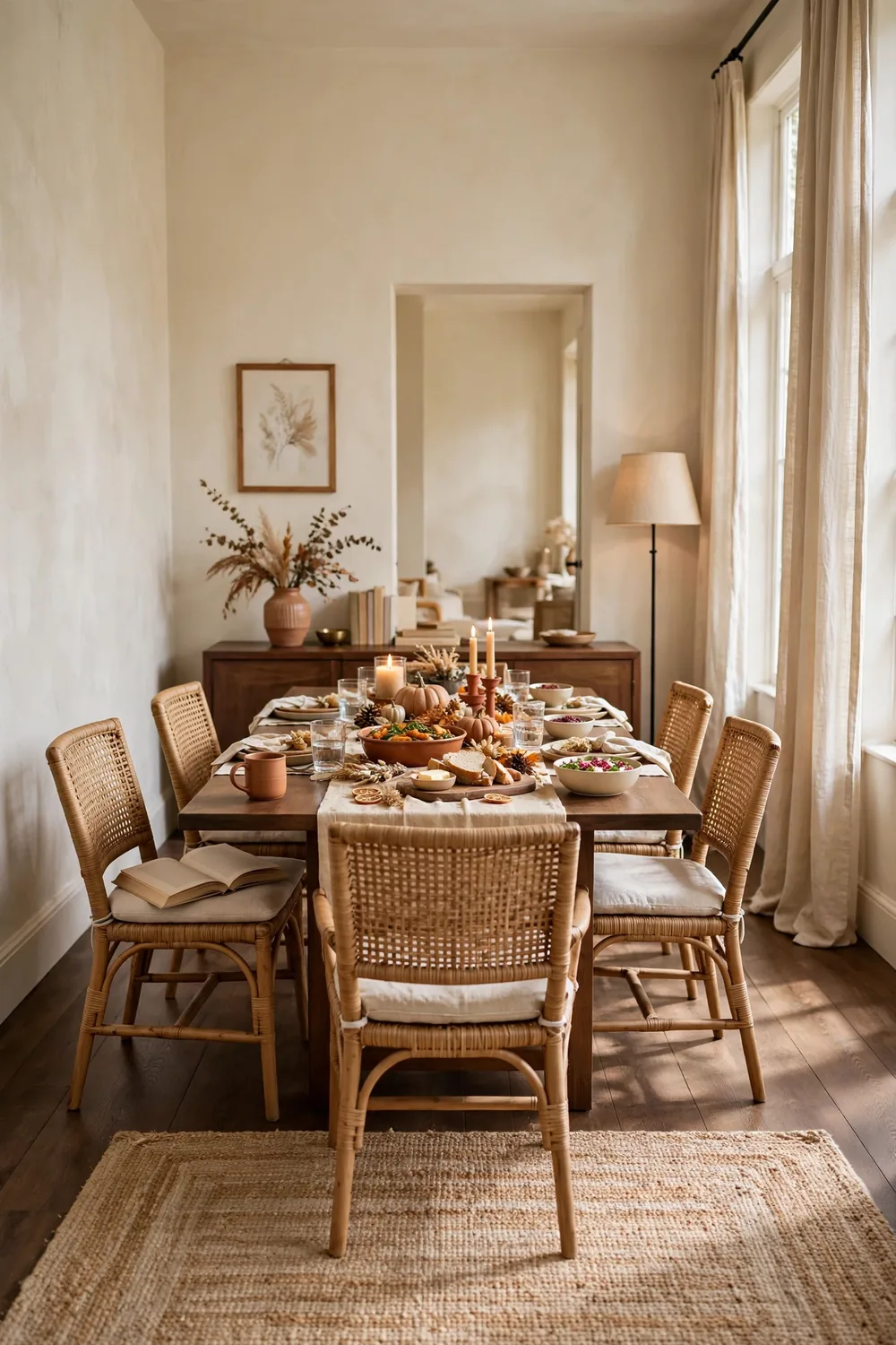 A warm dining room set for Friendsgiving with a full table of shared dishes, glowing candles, and fall decor