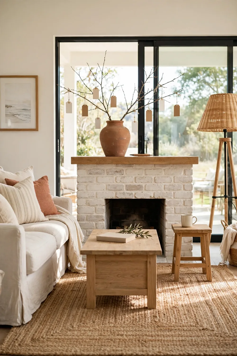 A cream coastal living room mantel with a bare branch in a vase, paper tags hanging from twine, and a pen nearby