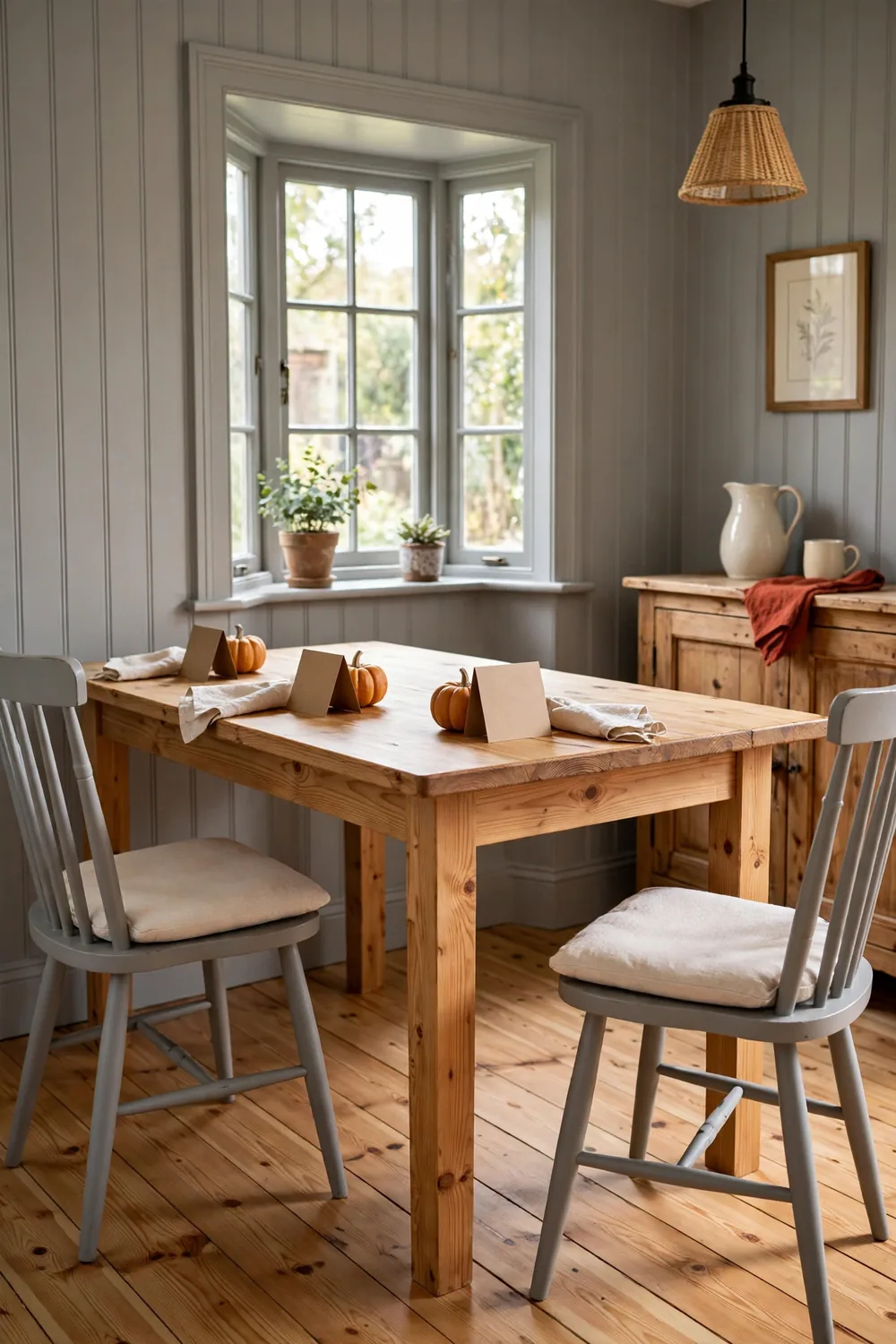 A soft gray farmhouse dining table with kraft paper place cards propped against small pumpkins at each seat
