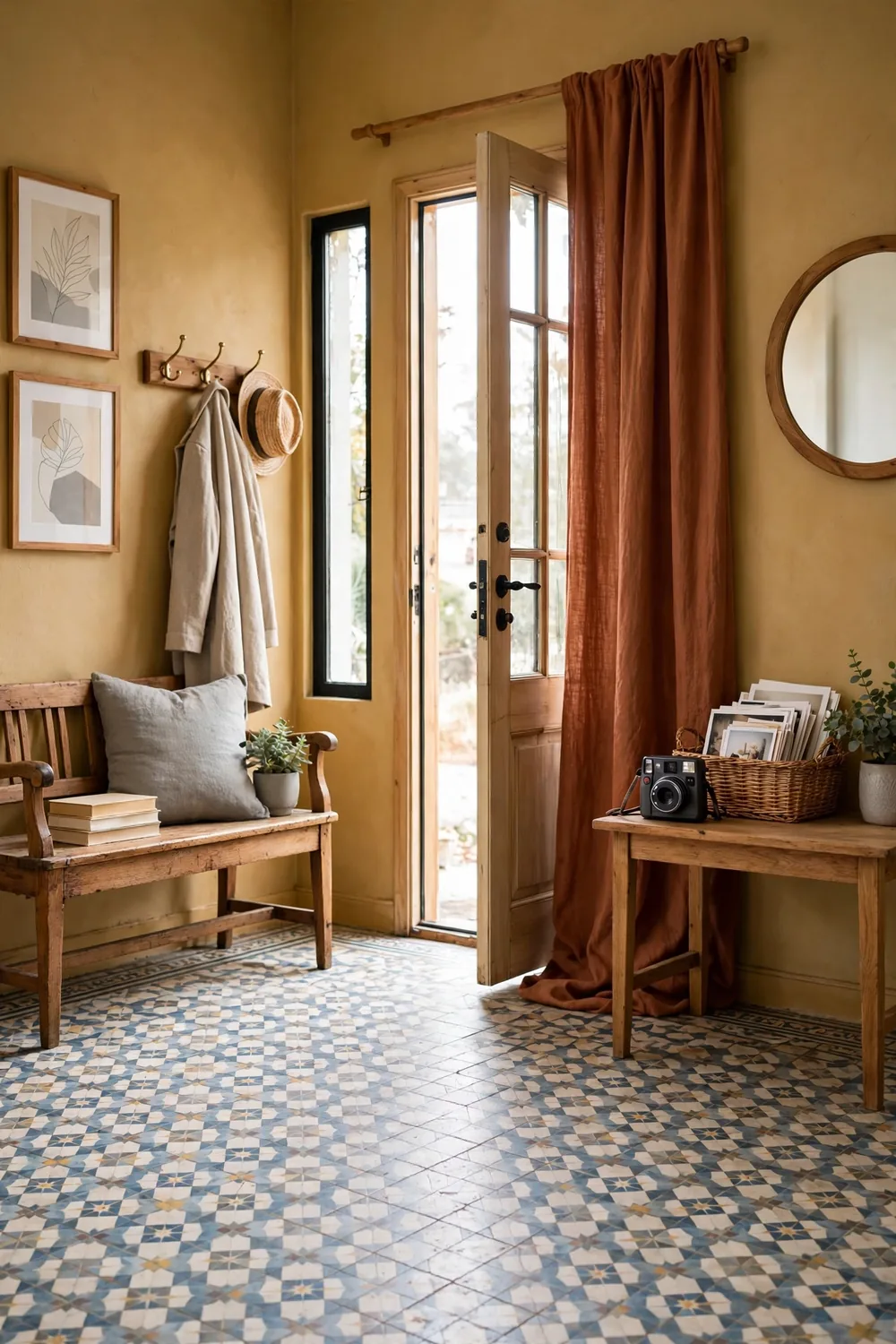A colorful vintage entryway corner with a rust curtain backdrop, a small table holding an instant camera, and a basket of prints