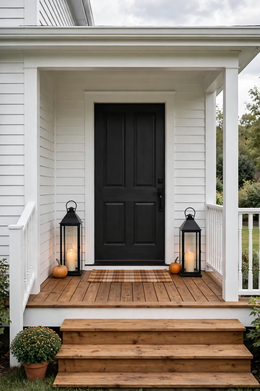 Two tall black lanterns with glowing battery candles flanking a front door on a wooden porch with pumpkins