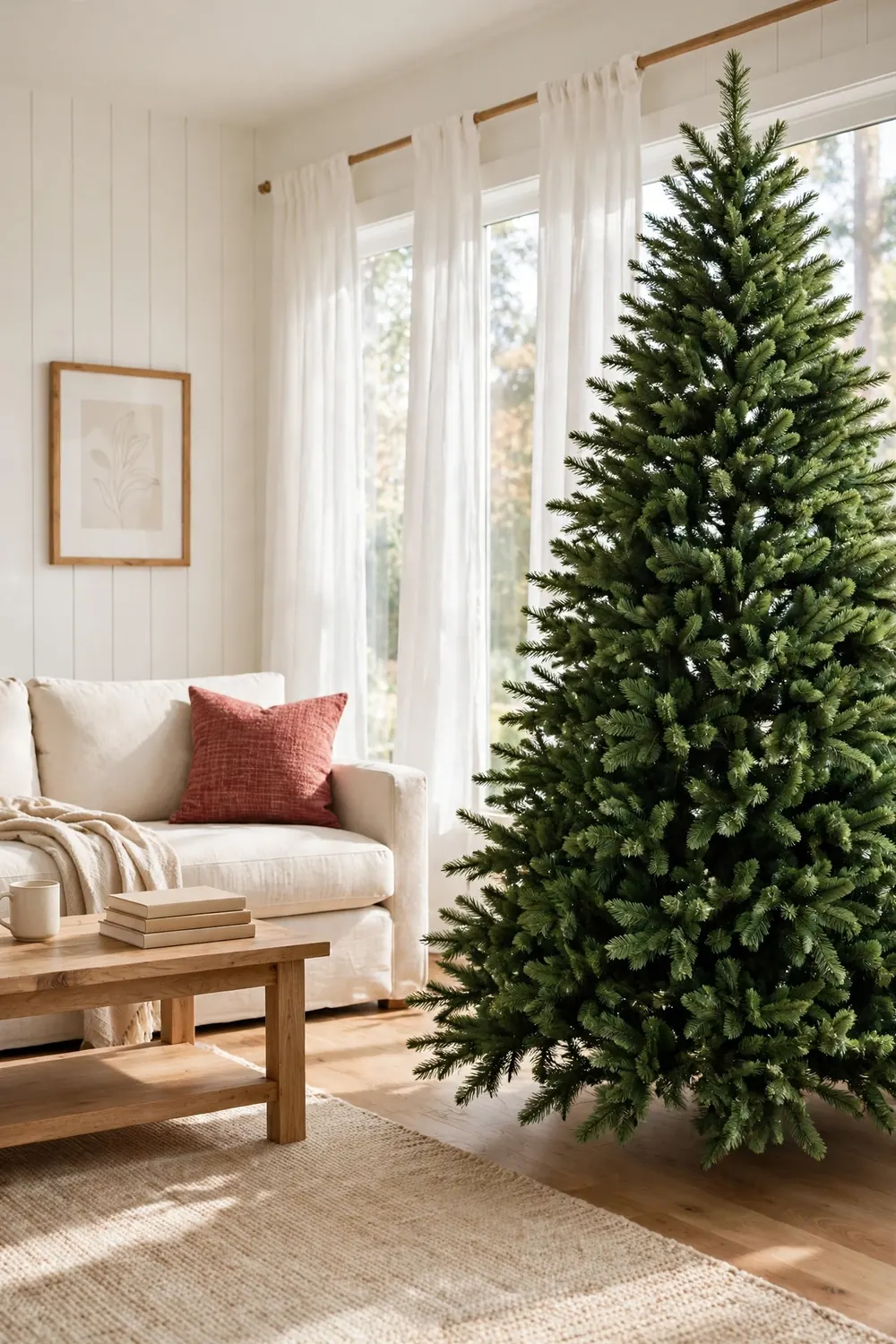 An artificial Christmas tree with a dense green center and no visible pole in a bright living room