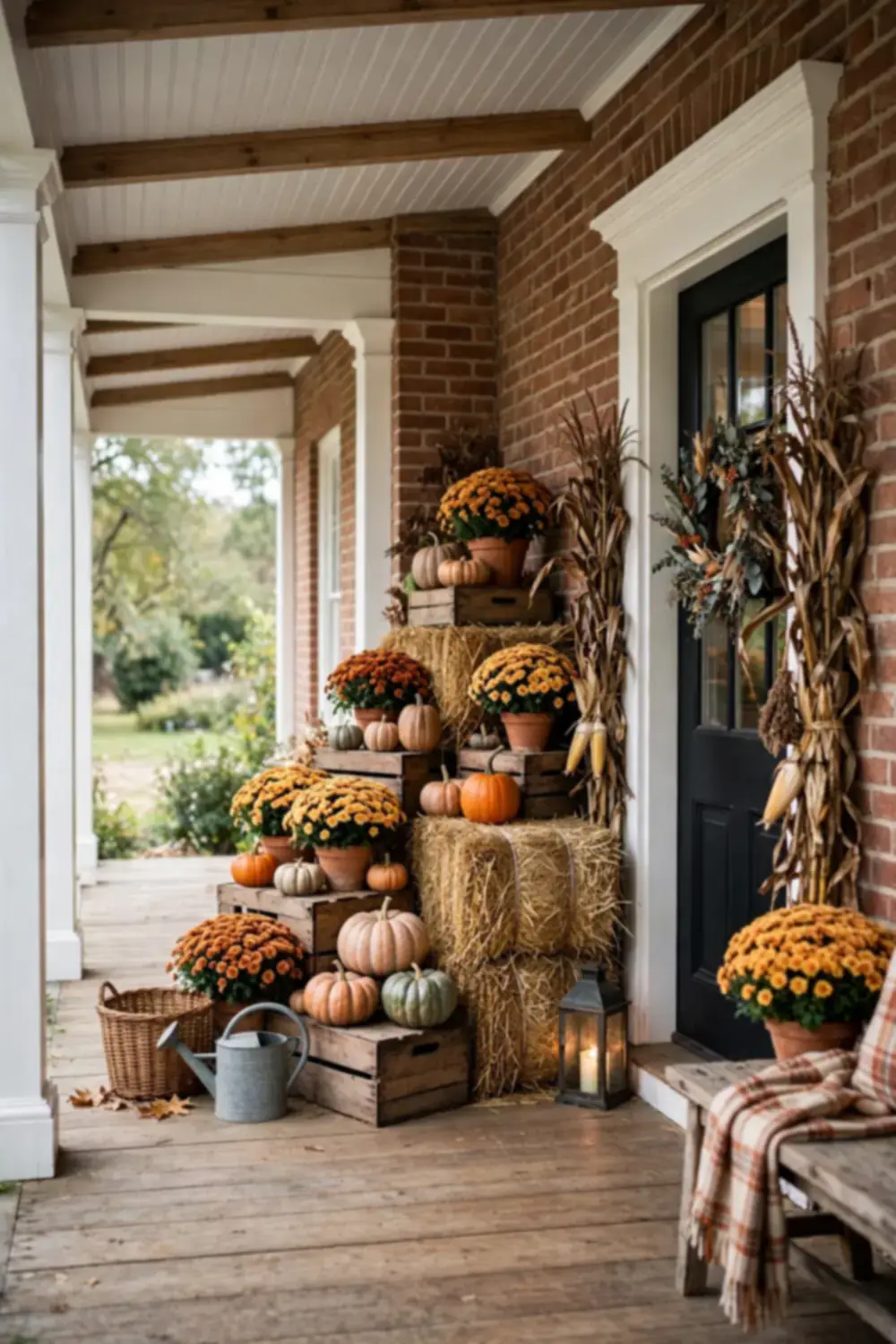 Abundant layered harvest porch with hay bales, crates, cornstalks, pumpkins, mums, wreath, and lantern
