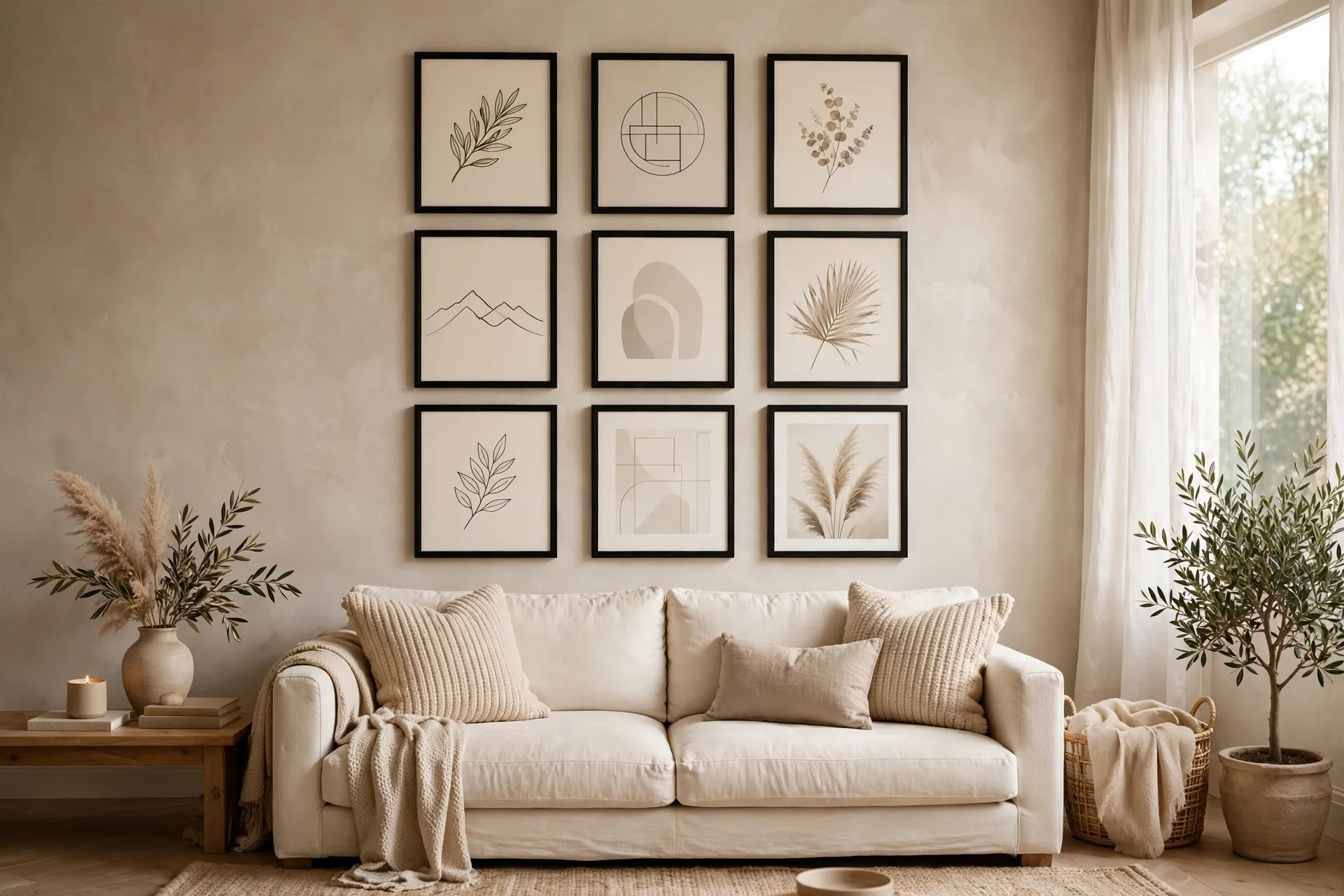 Grid gallery wall with even spacing above a sofa