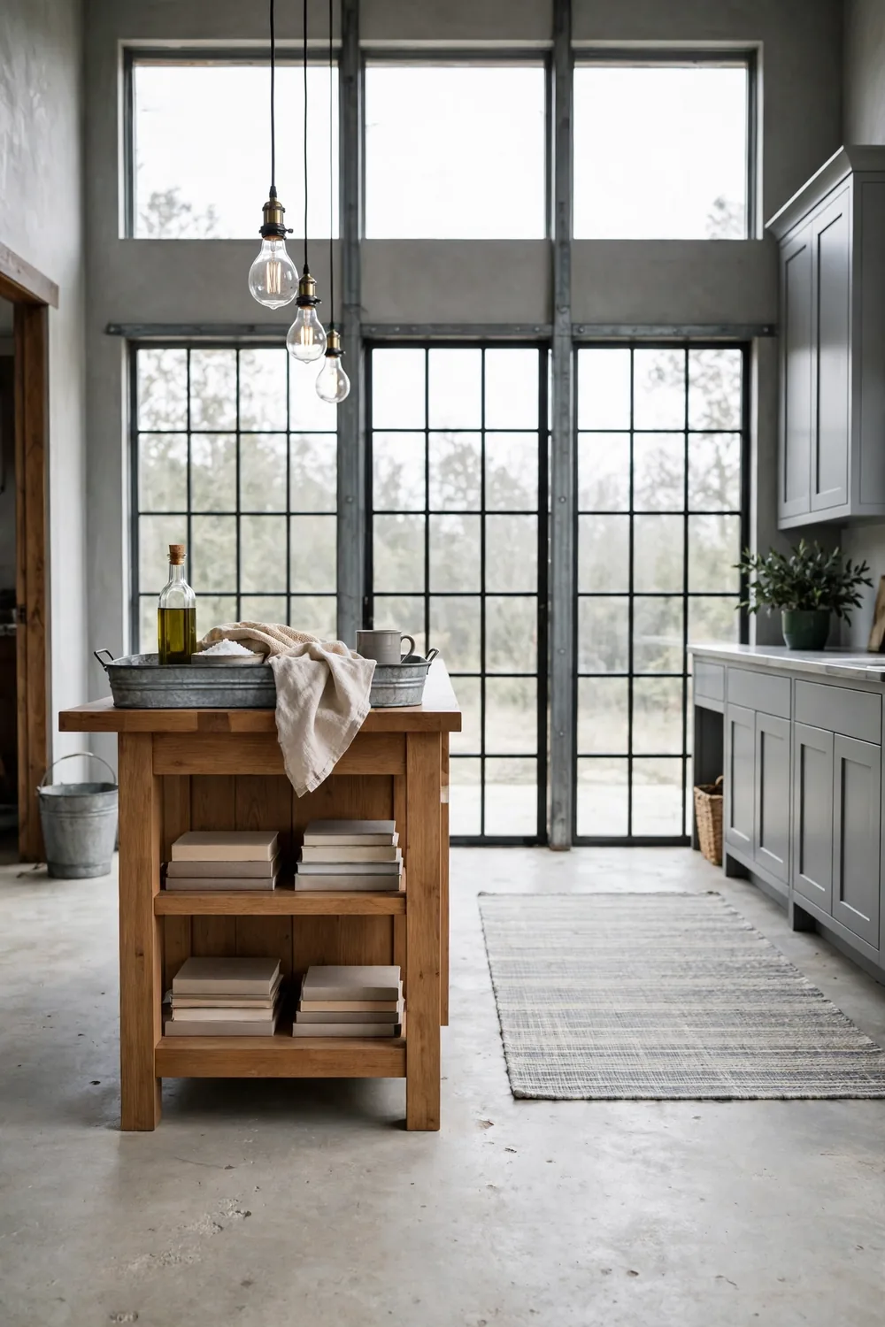 Industrial farmhouse kitchen with galvanized metal trays and bins, gray walls, and concrete floor