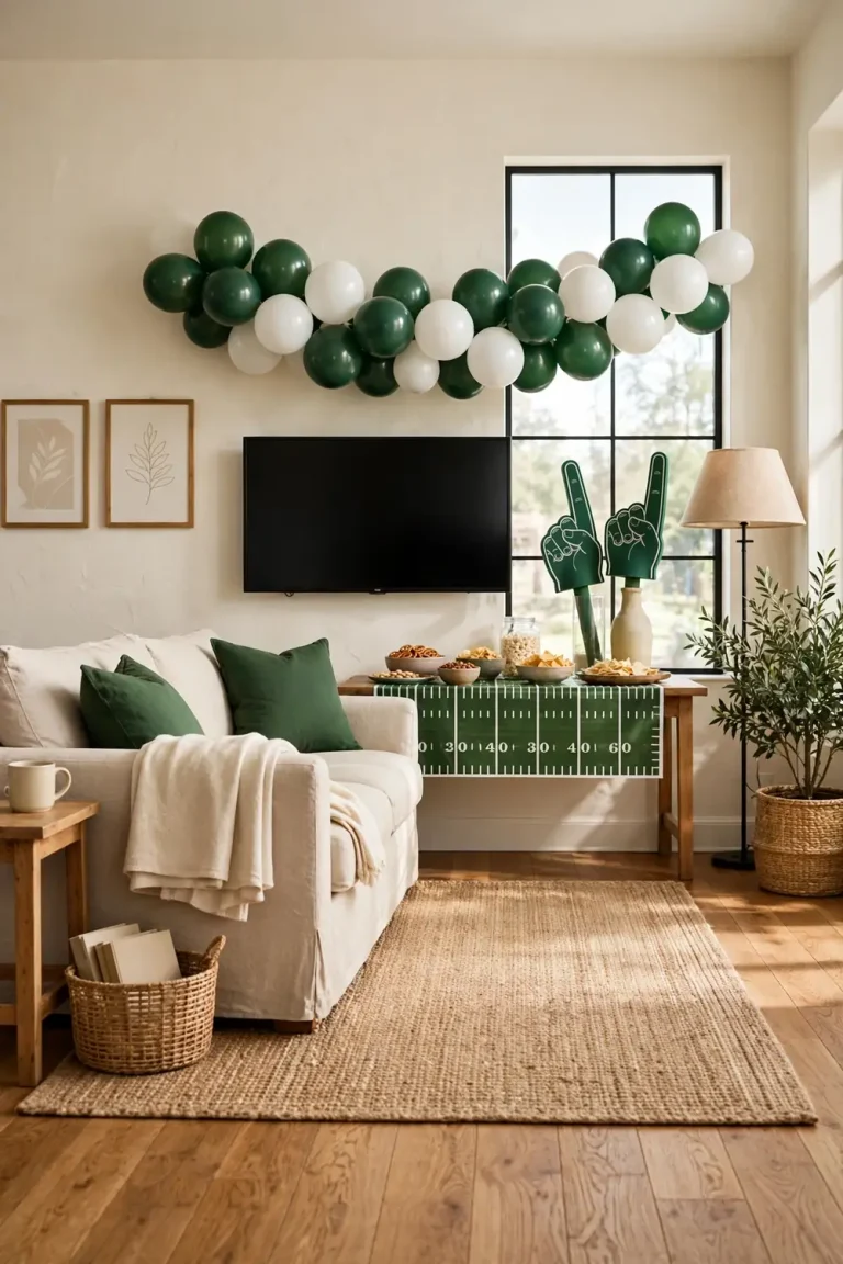 Farmhouse living room decorated for a football party with balloon garland, snack table, and team color pillows