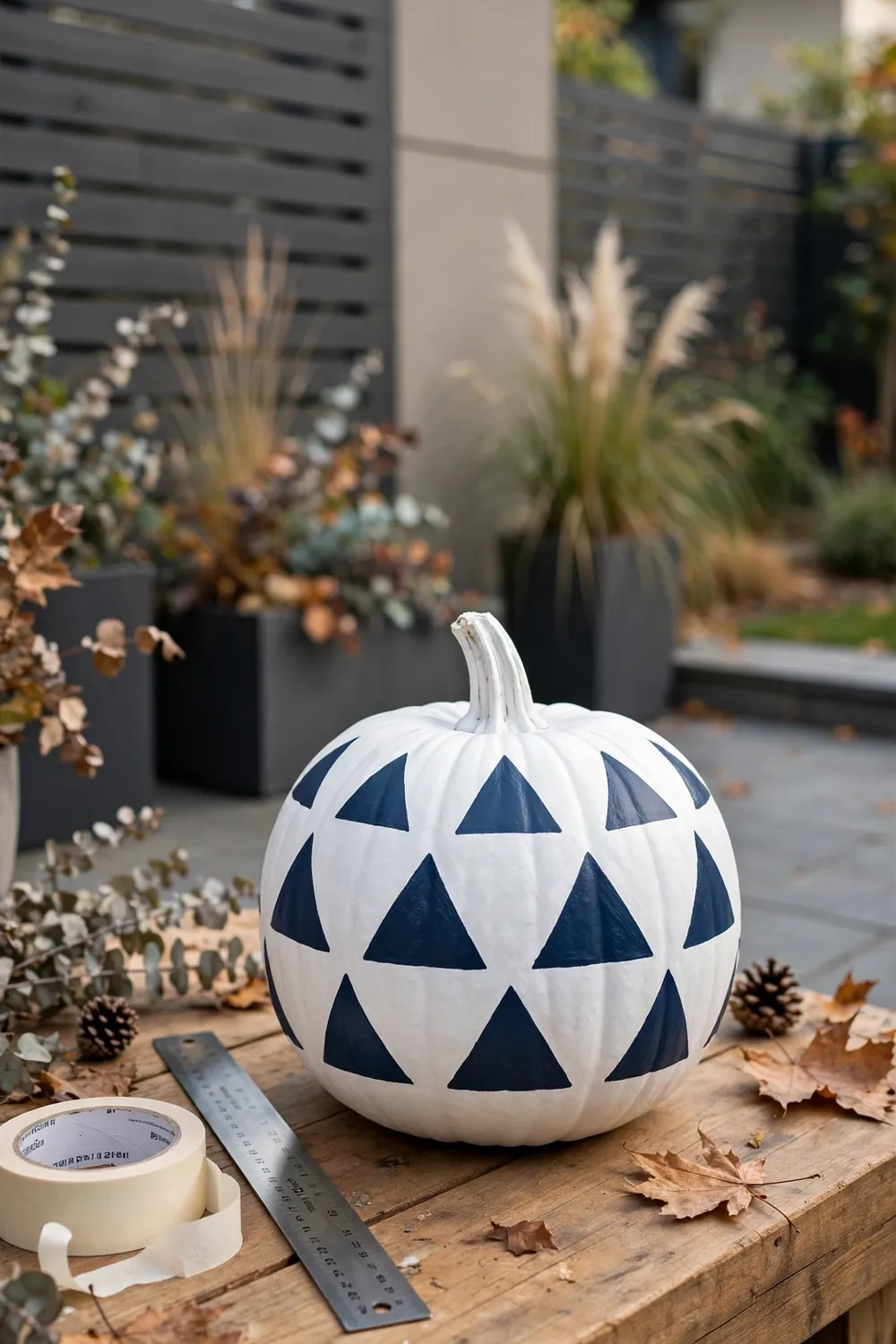 Navy geometric triangles painted on a white pumpkin in a backyard