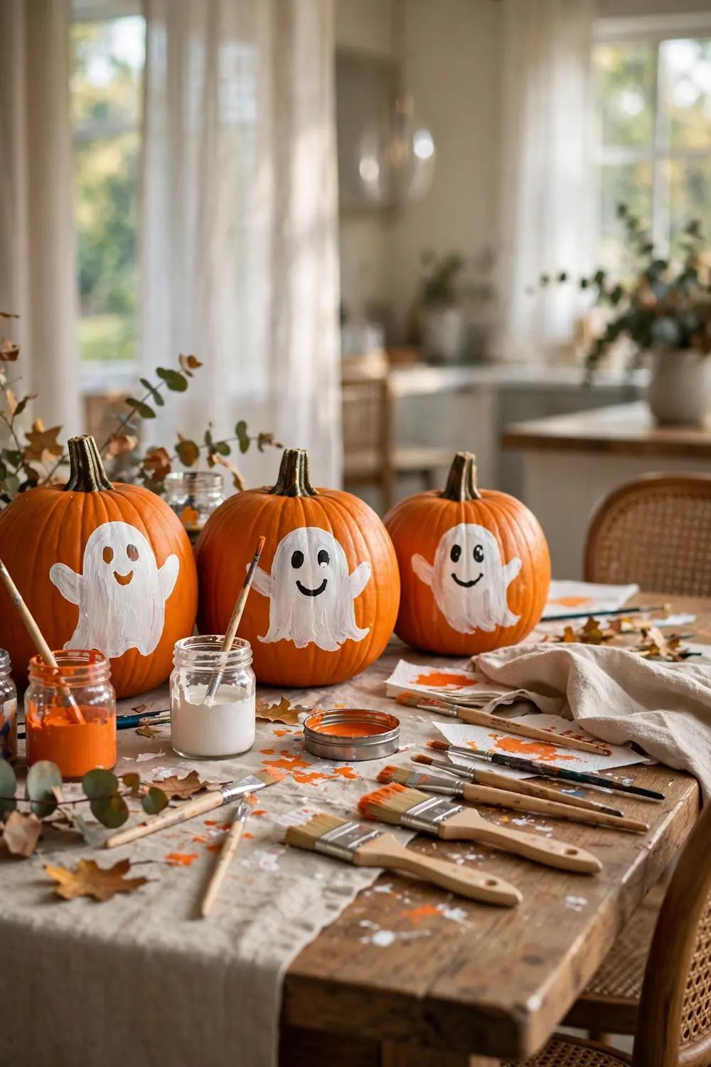 White ghost shapes painted on orange pumpkins on a dining table