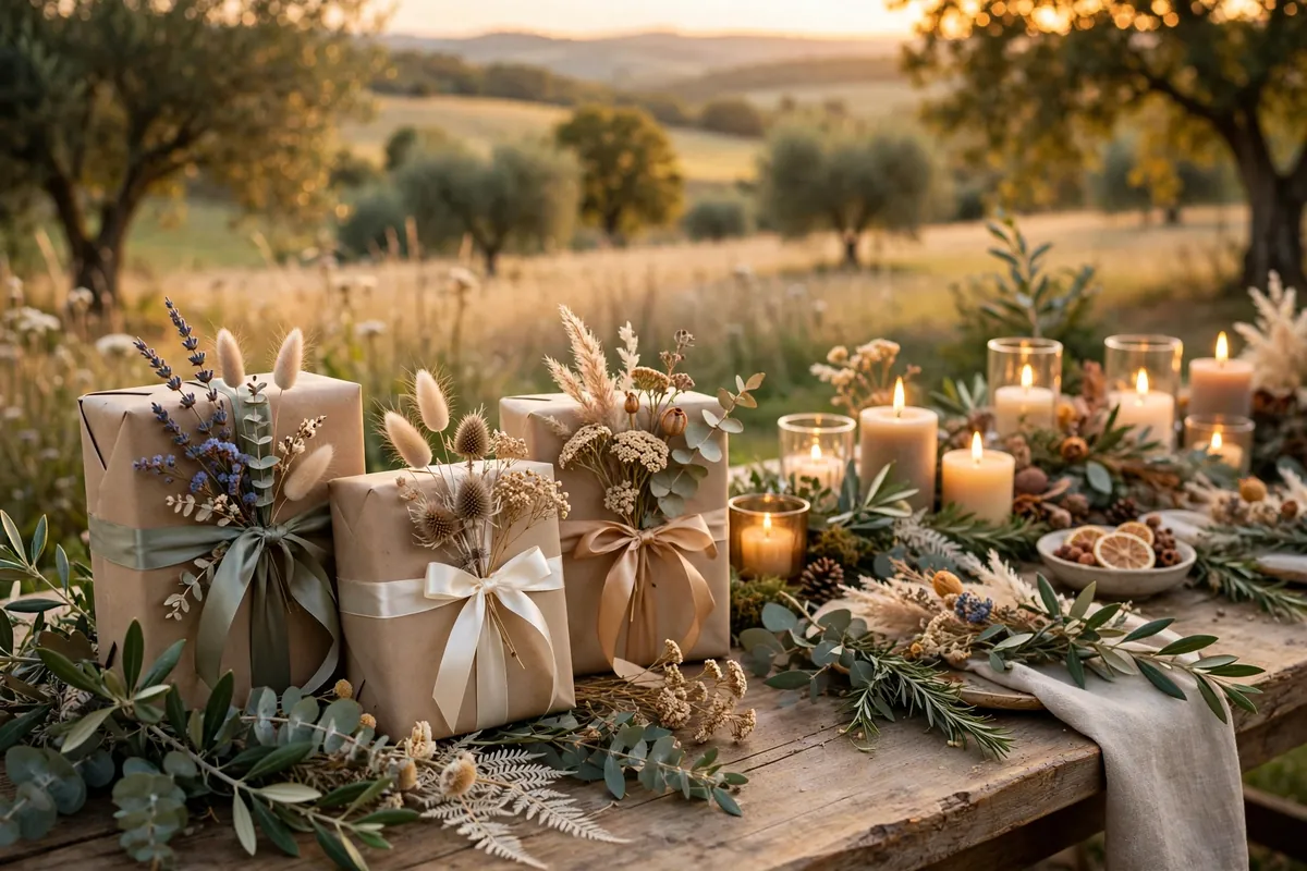 Elegant gifts wrapped in kraft paper with ribbons beside a festive party table
