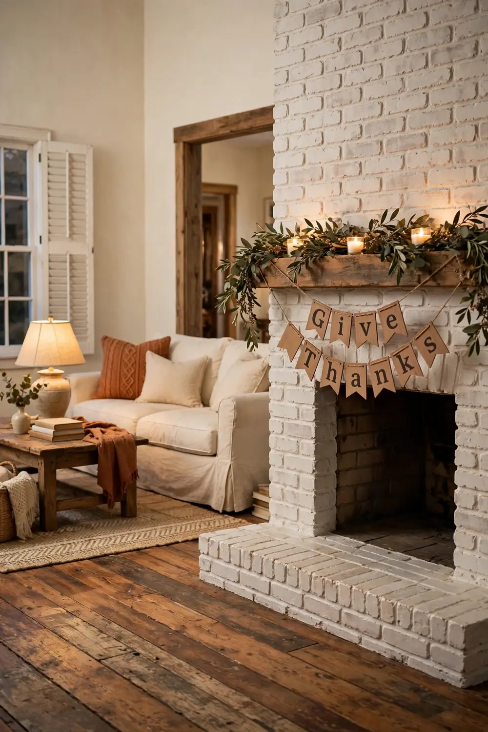 A wooden letter banner spelling Give Thanks draped across a farmhouse mantel over a leaf garland, lit by warm evening lamplight