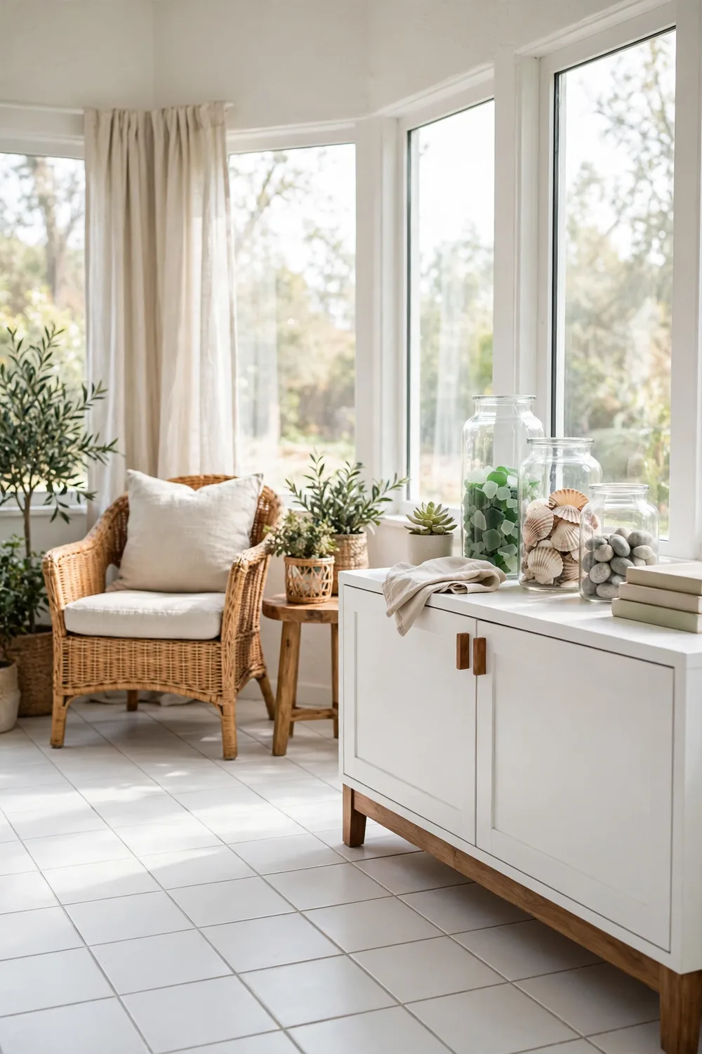 Bright sunroom console styled with clear glass jars filled with collected shells, sea glass, and smooth stones