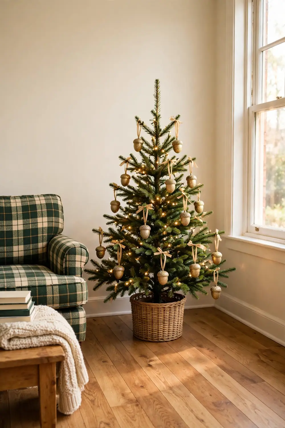 Small Christmas tree decorated with gold glitter acorn ornaments on ribbon loops and warm white lights in a simple living room corner with a plaid armchair