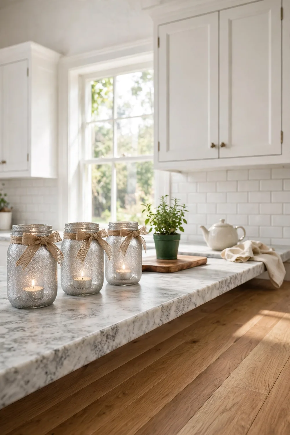 Three glitter-coated mason jar lanterns glowing with battery tealights on a white farmhouse kitchen counter