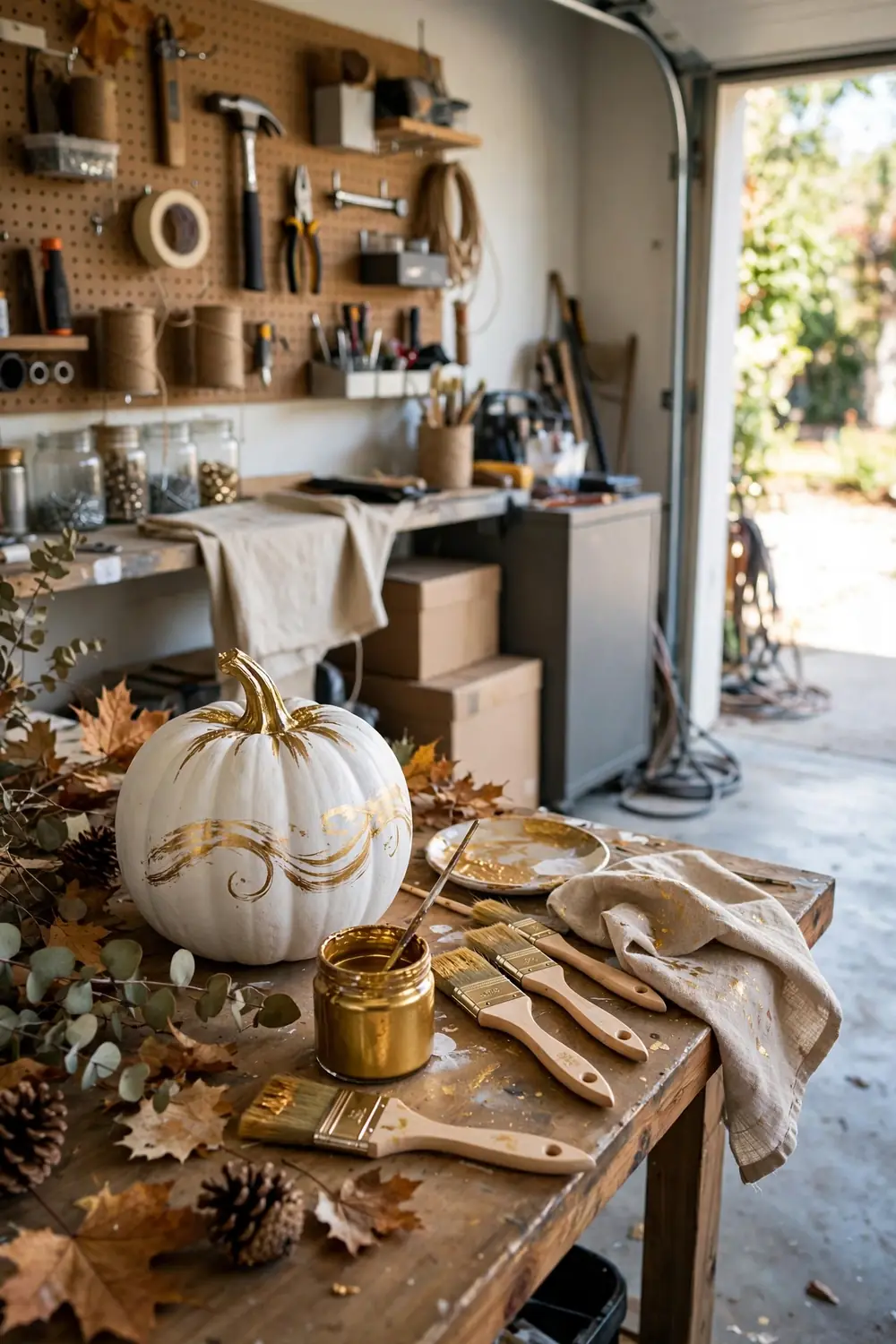 White pumpkin with gold painted stem and accents in a garage workspace
