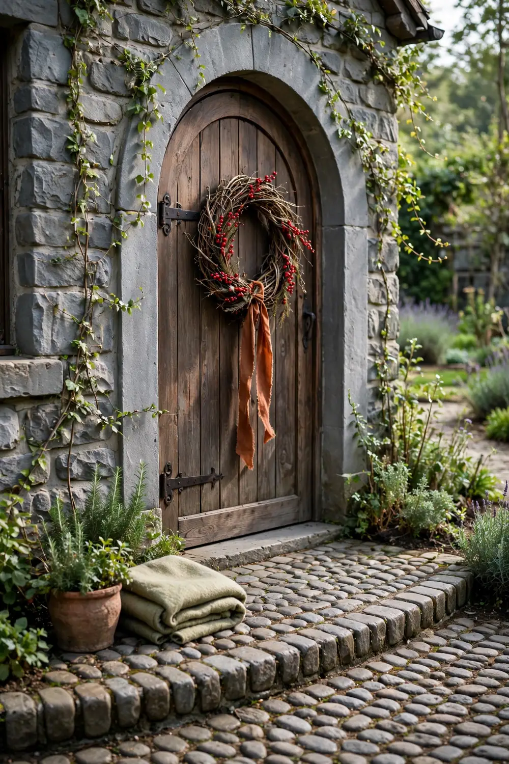 A bare grapevine wreath dressed with red berry sprigs and a trailing ribbon on a stone cottage door