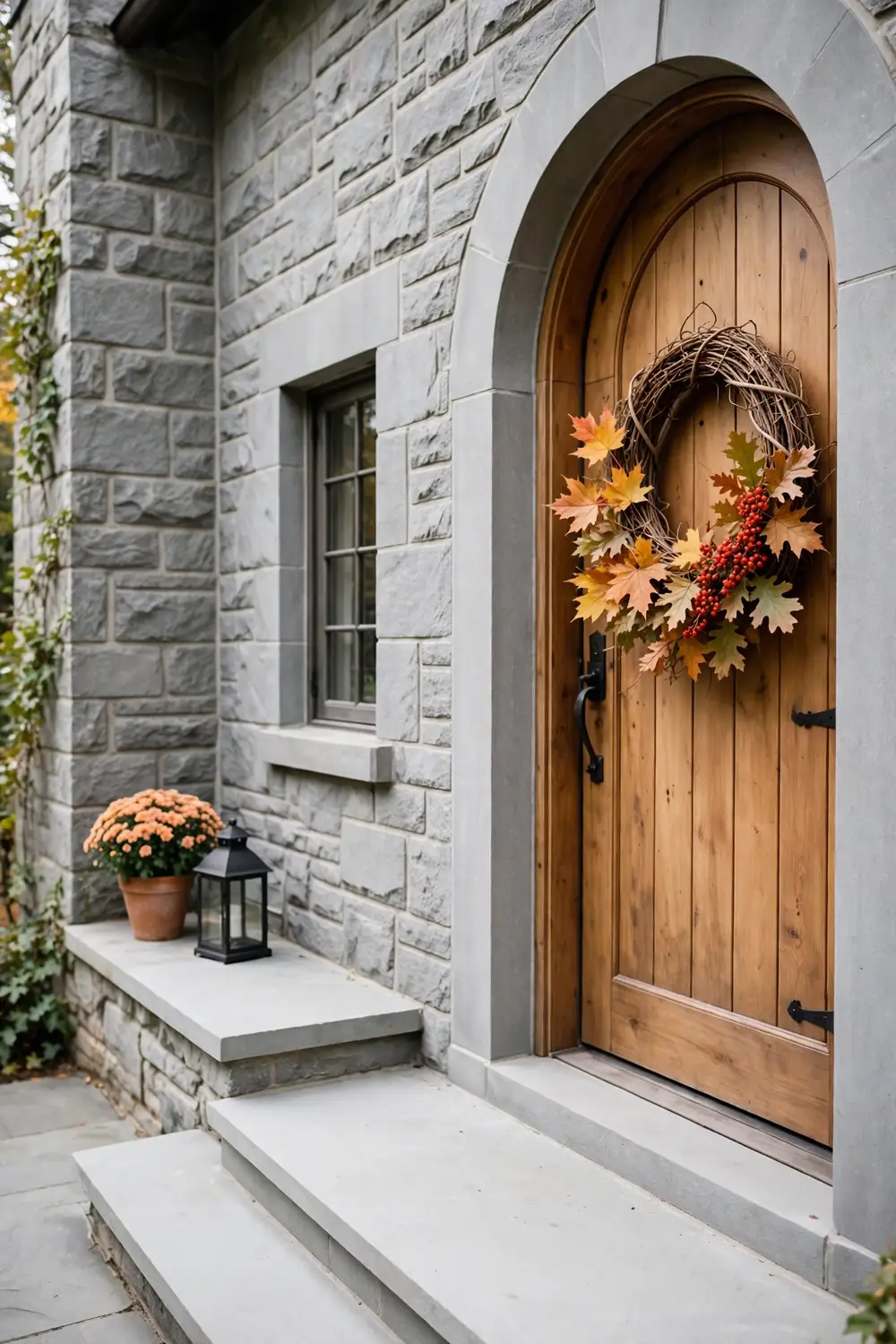 Stone cottage with a wooden front door and a rustic grapevine wreath with fall foliage