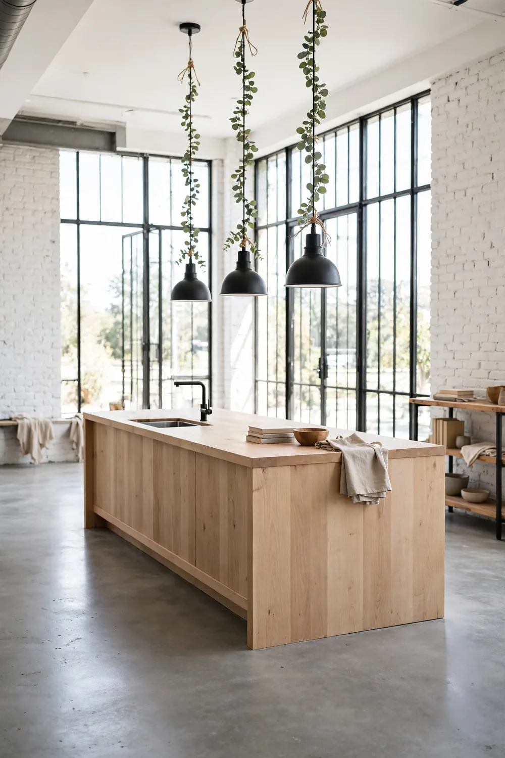 Thin faux eucalyptus garland wrapped loosely around the cords of black pendant lights over a kitchen island