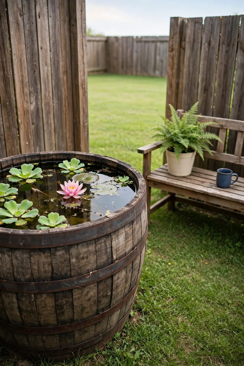 Half whiskey barrel water garden with a pink dwarf water lily and floating water lettuce on still water