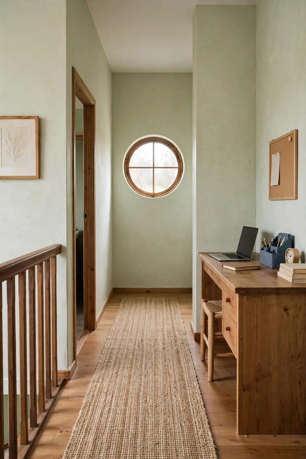 Built-in wooden desktop with drawers on an upstairs hallway landing with pale green walls and a round window