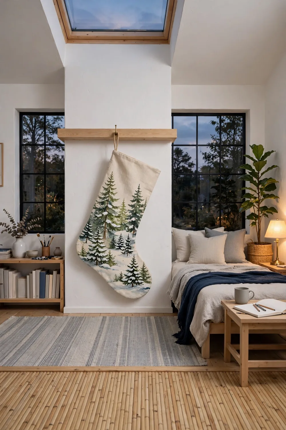 Christmas stocking painted with a winter pine forest scene hanging on a simple wood mantel in a bright studio