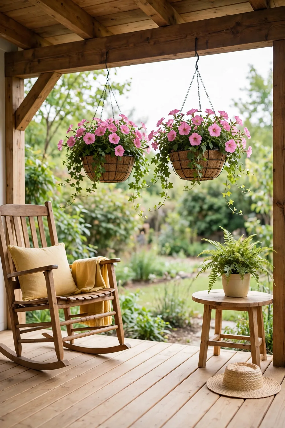 Wire hanging baskets with coco liners overflowing with pink petunias and trailing verbena under a covered porch beam