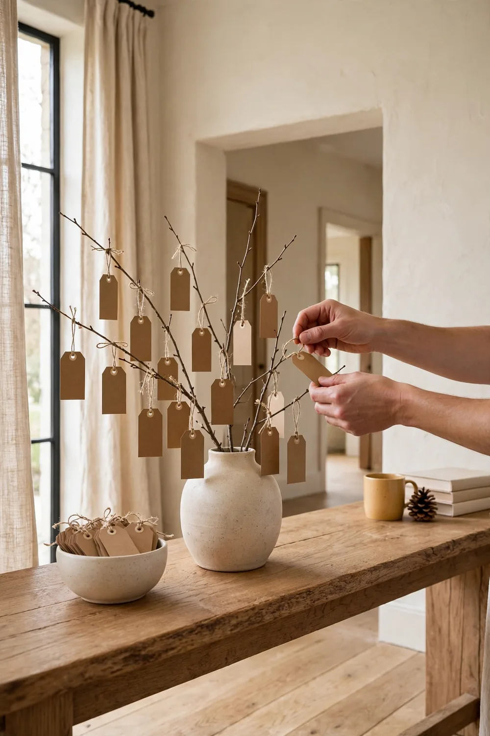 Kraft paper tags hanging from the twigs of a bare branch tree in a ceramic vase