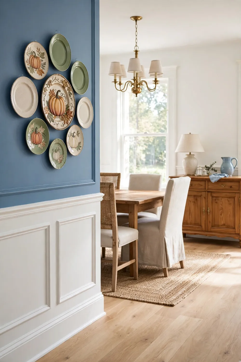 Cluster of harvest-themed plates hanging on a blue dining room wall