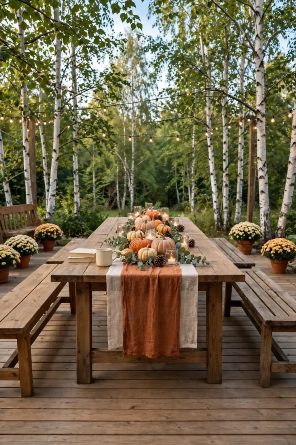 Long farmhouse table on a wooden deck dressed with a rust runner, small pumpkins, gourds, pinecones, and glowing tea lights in glass jars.