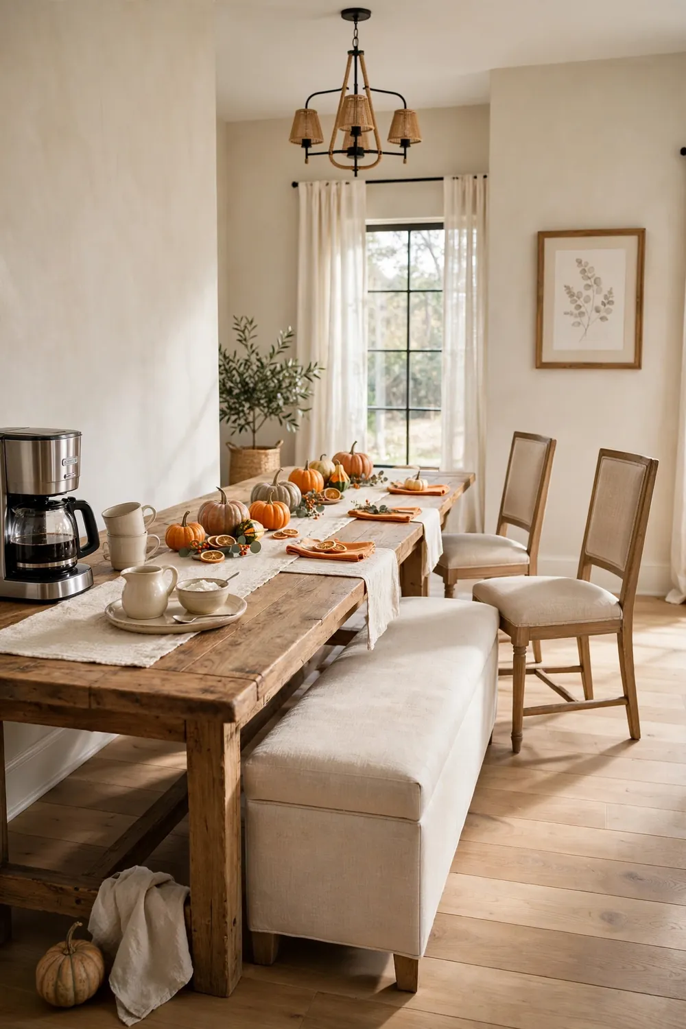 Harvest table endcap coffee bar in a dining room with a long wood table, upholstered bench, coffee setup at one end, gourds, and orange accents.