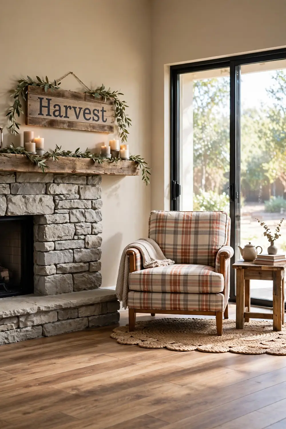 A reclaimed wood sign reading Harvest hung above a ranch style stone fireplace mantel with a simple leaf garland and candle clusters below