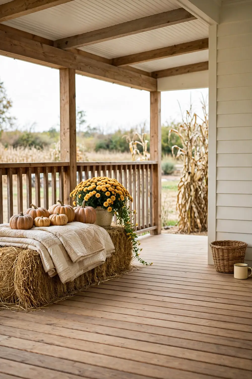Hay bale seat topped with a folded quilt, small pumpkins, and trailing mums on a farmhouse porch