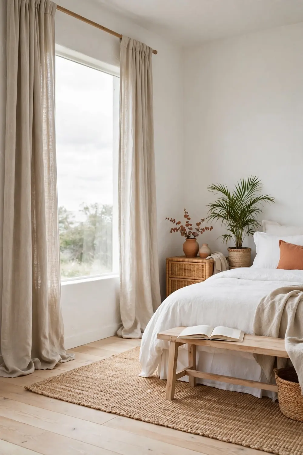 Oatmeal linen curtains hung high and wide over a bright bedroom window