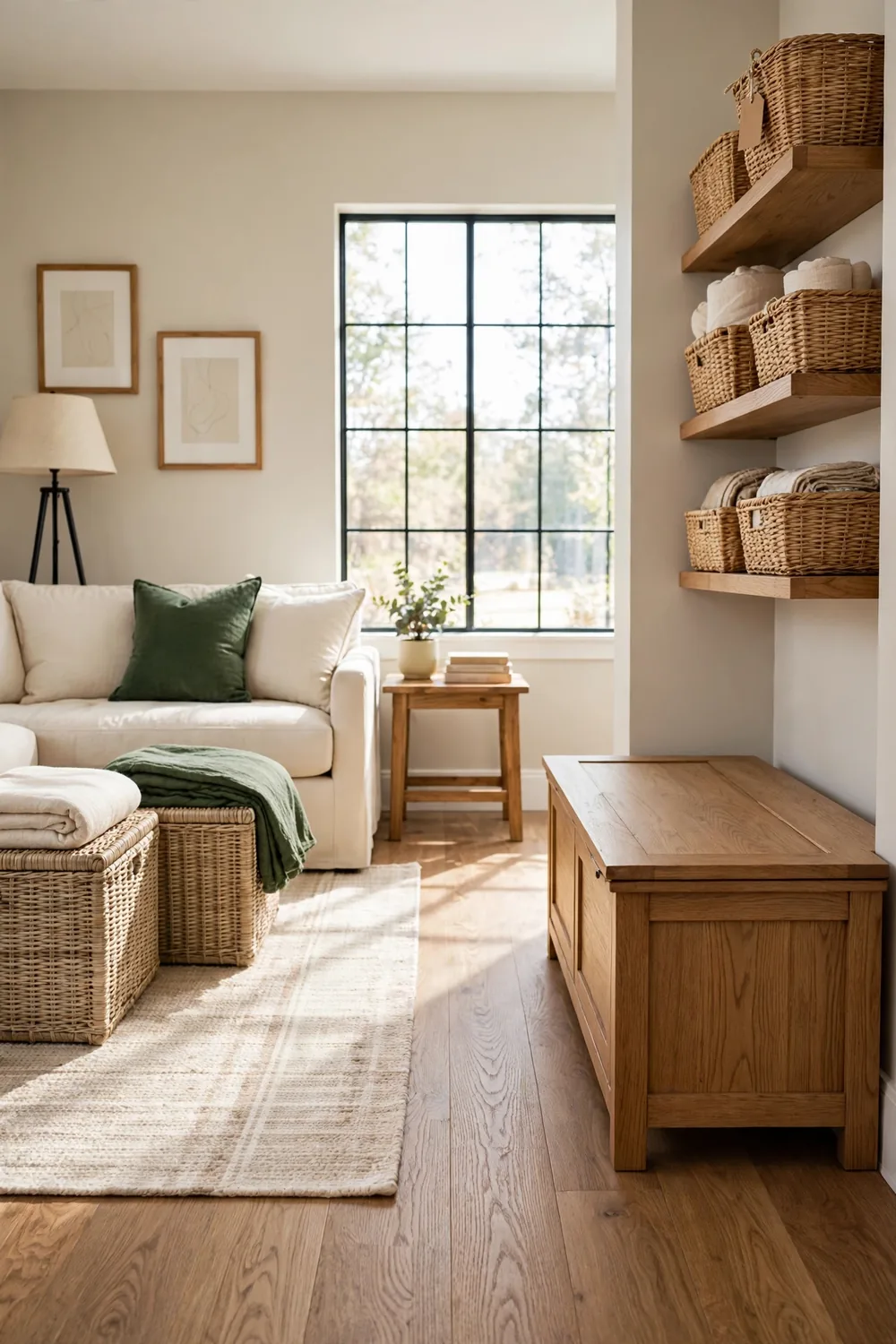 Storage ottomans, woven baskets on shelves, and a lift-lid bench in a tidy modern farmhouse bonus room with greige walls