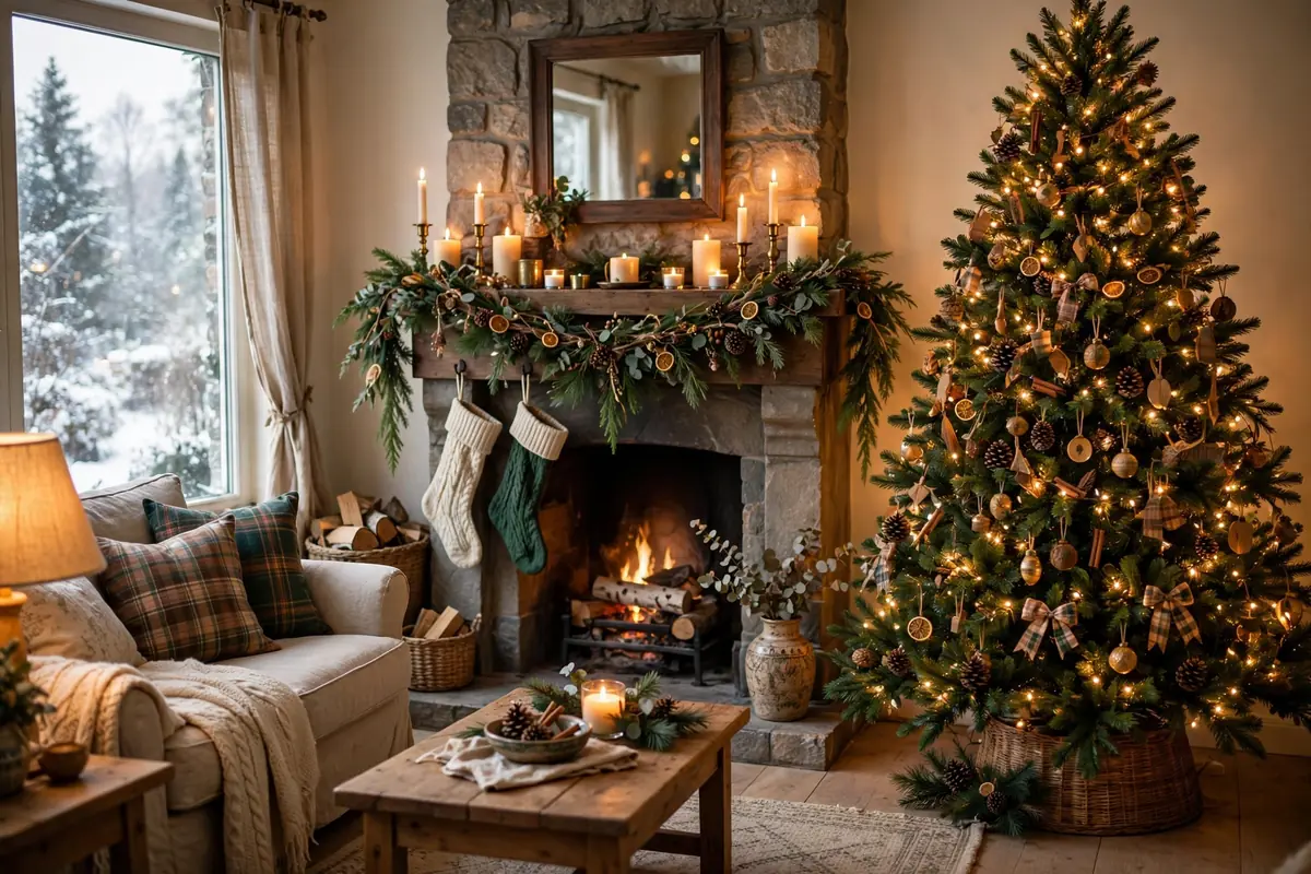 Cozy Christmas living room with decorated tree, warm lights and elegant holiday garlands