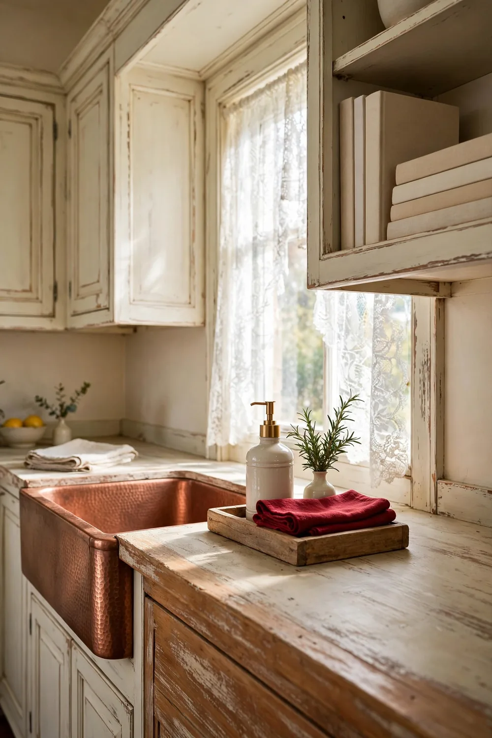 Holiday hand soap in a pump bottle on a small tray with a folded towel and rosemary sprig by a kitchen sink